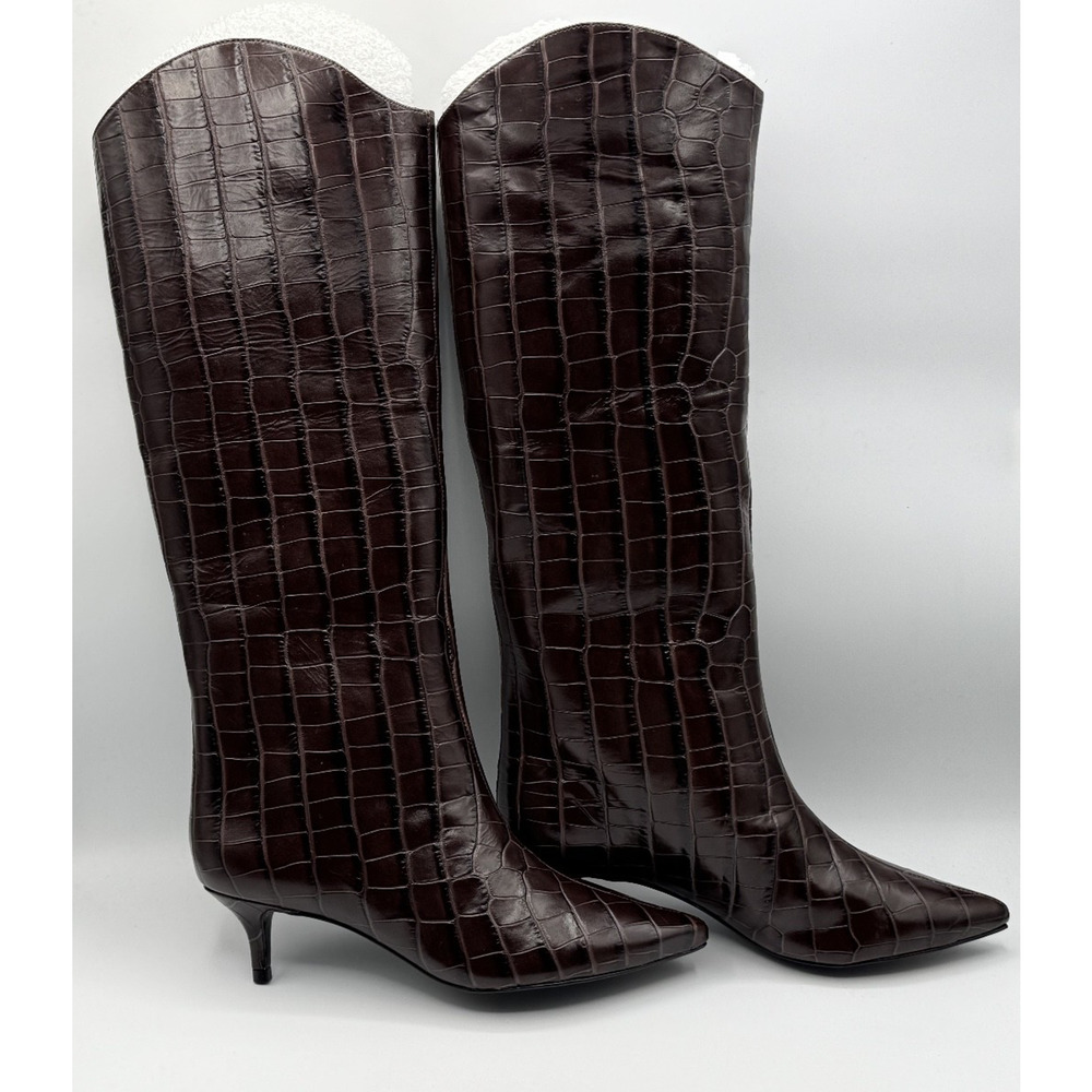Schutz Women’s Maryana Croc Embossed Leather Knee Boots Dark Chocolate, Size 7